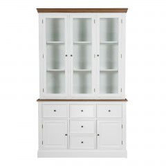 Hamptons Coastal Hutch and Buffet Tempered Glass Display Cabinet with 5 Drawers in WHITE