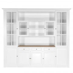 Hamptons Library Wall Unit Modular Buffet and Hutch Glass Cabinet with Cupboard in White with Natural Top