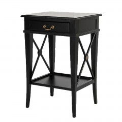 Hamptons Cross Black Bedside Lamp Table with Drawer Left Handle 