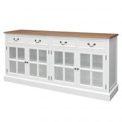 Hamptons 4 Drawers 4 Glass Door Sideboard Buffet Cabinet in BLACK / WHITE with Natural Top