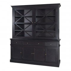 Hamptons Coastal Seaside Glass Hutch Cabinet and Buffet in Black/WHITE