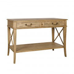 Hamptons Halifax Side Cross 2 Drawer Console Hall Table with Side Pull Out  - Oak