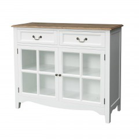 Hamptons 2 Drawers Glass Sideboard Buffet Cabinet in WHITE with Natural Top												