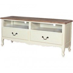 French Provincial Home Furniture White TV Unit Entertainment Stand with Oak Top 