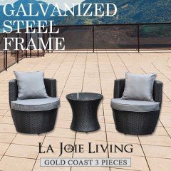 Gold Coast 3 Piece Outdoor Garden Balcony Set Furniture Rattan Wicker Steel Frame