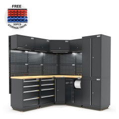 UltraTools 1385/2610mm OR 1978/1978mm x 580mm x 2020mm Black Semi-Industrial Workshop Garage Storage Corner Cabinet Set