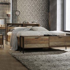 Queen Size Storage Bed Farme In Oak Colour With Particle Board Contraction And Metal Legs