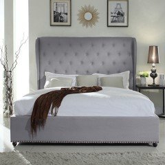 Bed Frame Queen Size In Grey Fabric Upholstered French Provincial High Bedhead