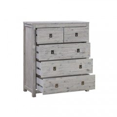 Tallboy With 5 Storage Drawers In Cloud White Ash Color With Solid Acacia Wooden Frame