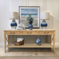 Hamptons Halifax Side Cross 3 Drawers Console Hall Table - Natural Oak