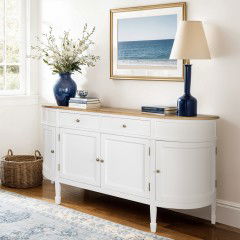 Hamptons Coastal Curve Sideboard Buffet & Console Cabinet – Black/White with Natural Ash Top and 2 Drawers