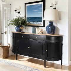 Hamptons Coastal Curve Sideboard Buffet & Console Cabinet – Black/White with Natural Ash Top and 2 Drawers