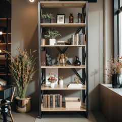 Urban Living Style 5-Tier Open Bookcase – Natural Oak Shelves with Black Iron Cross-Back Frame