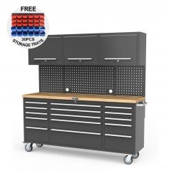 UltraTools Black 72" Mobile Work Bench with 15 Drawers Tool Chest & 3 Overhead Cabinet