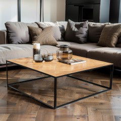 Urban Living Style Loft Square Parquet  Oak Solid Timber Coffee Table with Black Metal Frame