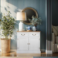 Hamptons 2 Drawers Small Sideboard Buffet in BLACK /White with Natural Top	