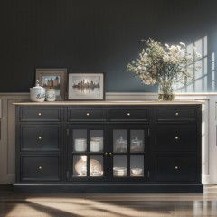 Hamptons 8 Drawers 2 Glass Door Large Glass Sideboard Buffet Cabinet in BLACK / WHITE with Natural Top