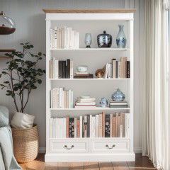 Hamptons Open Library Bookcase with 2 Drawers in BLACK or WHITE