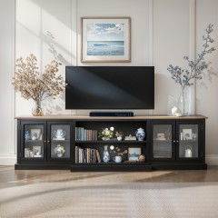 Hamptons 4 Glass Door TV Unit Entertainment Stand in BLACK/WHITE with Natural Top													