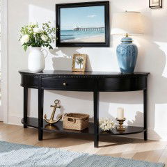 Hamptons Coastal Half-Moon Curve Hallway Console Table in WHITE/BLACK with 1 Drawer and Dentil Molding Design