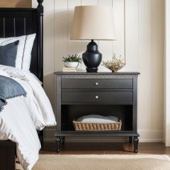 Hamptons Coastal Country 2 Drawer Bedside Lamp & End Table with White/Black/Natural