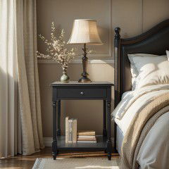 French Provincial Classic Bedside Lamp Table with One Drawer – Black / White