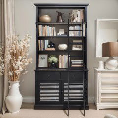 Hamptons Single Hutch Open Bookcase Louvre Buffet Cabinet with Ladder in BLACK or WHITE