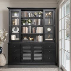 Hamptons Glass Display Cabinet with Open Bookcase and Louvre Buffet Cabinet with Drawers in BLACK