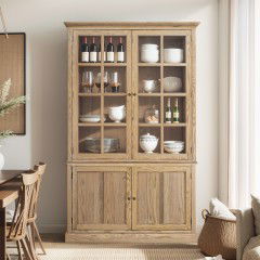 Hamptons Hutch Glass Display Cabinet Bookcase and Buffet Cupboard in Natural/Black/White