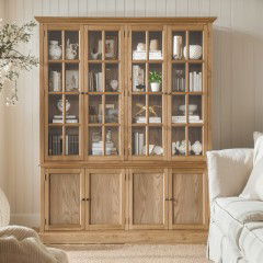 Hamptons 4 Door Hutch Glass Display Cabinet Bookcase and Buffet Cupboard in Natural Oak (Pre-order extra $1,000 Early Bird discount!)