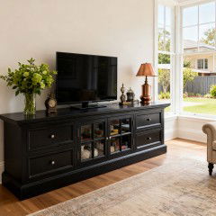 Hamptons Halifax TV Entertainment Unit with 4 Drawers Glass Doors Storage 180cm Black /White