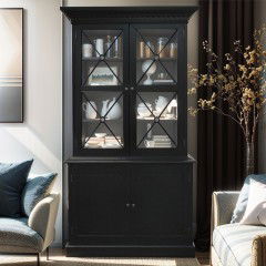Hamptons Halifax Criss Cross Glass Door Display Hutch and Buffet Cabinet Bookcase in Black/White