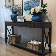 Hamptons Halifax Side Cross Drawers Console Hall Table Furniture Black