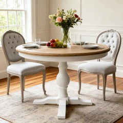 Hamptons Round Extendable Dining Table in Natural Solid Timber Top & White Pedestal Base (100–150cm) / 4–6 Seater