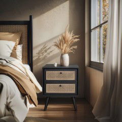 Scandinavian Nordic 2 Drawer Rattan Bedside Table Nightstand NATURAL BLACK