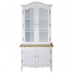 French Provincial Vintage Glass Display Buffet and Hutch Cupboard Cabinet in White/ Black