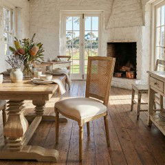 French Provincial / Hamptons Classic Oak Dining Chair with Natural Rattan Cane Back & Beige White Cushion (Set of 2)