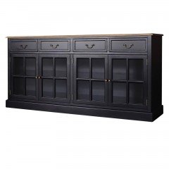 Hamptons 4 Drawers 4 Glass Door Sideboard Buffet Cabinet in BLACK / WHITE with Natural Top												