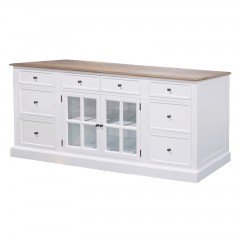 Hamptons 8 Drawers 2 Glass Door Large Glass Sideboard Buffet Cabinet in BLACK / WHITE with Natural Top												