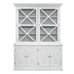 Hamptons Coastal Beach Cross Glass Door Hutch Display and Buffet Cabinet Cupboard in BLACK WHITE