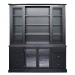 Hamptons Glass Display Cabinet with Open Bookcase and Louvre Buffet Cabinet with Drawers in BLACK or WHITE										