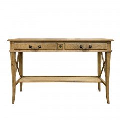 Hamptons Halifax Side Cross 2 Drawer Console Hall Table with Side Pull Out  - Oak