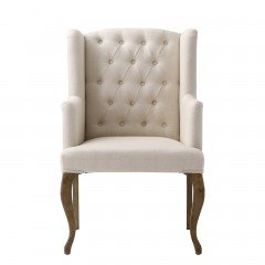 French Provincial Country Natural Linen Button Tufted Upholstered Arm Carver Chair