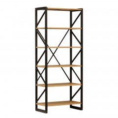 Detroit Industrial 5 Tier Natural Oak & Iron Frame Open Cross Back Display Bookcase