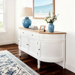 Hamptons Coastal Curve Sideboard Buffet & Console Cabinet – Black/White with Natural Ash Top and 2 Drawers