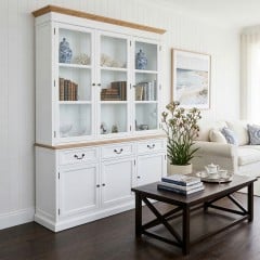 Hamptons Buffet and Hutch Tempered Glass Display Cabinet Bookcase with Drawers in BLACK or WHITE