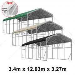 Single Carport 3.4m x 12.03m x 3.27m Backyard Portable Vehicle & Boat Shelter with Wrapped Roof