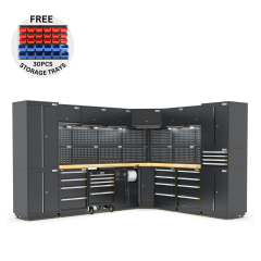 UltraTools 2610/3240mm x 580mm x 2020mm Black Semi-Industrial Workshop Garage Storage Corner Cabinet Set