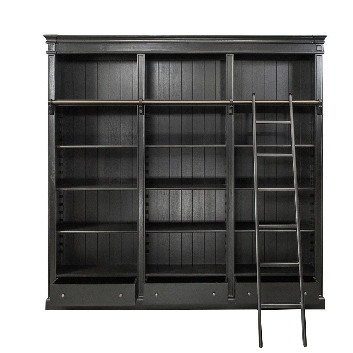 Library Bookcase With Ladder Black, Black Open Bookcase
